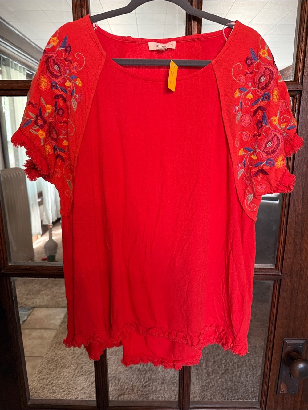 Umgee Red Embroidered Flutter Sleeve Tunic Top